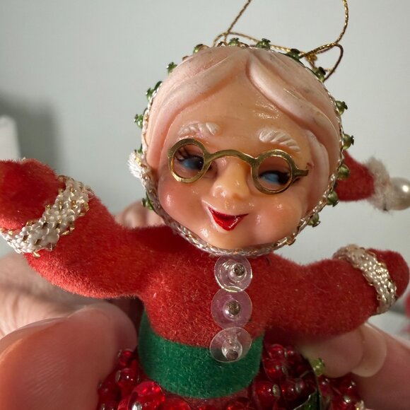 Vtg Mrs Claus Christmas Ornament 1960s-1970s Mod Red Sequin Beads Art Flocked - Picture 5 of 14